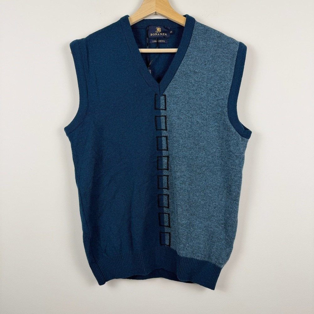 Bonanza Lambs Wool Sweater Vest Men's Size 40 Blue Colorblock V-Neck Knit
